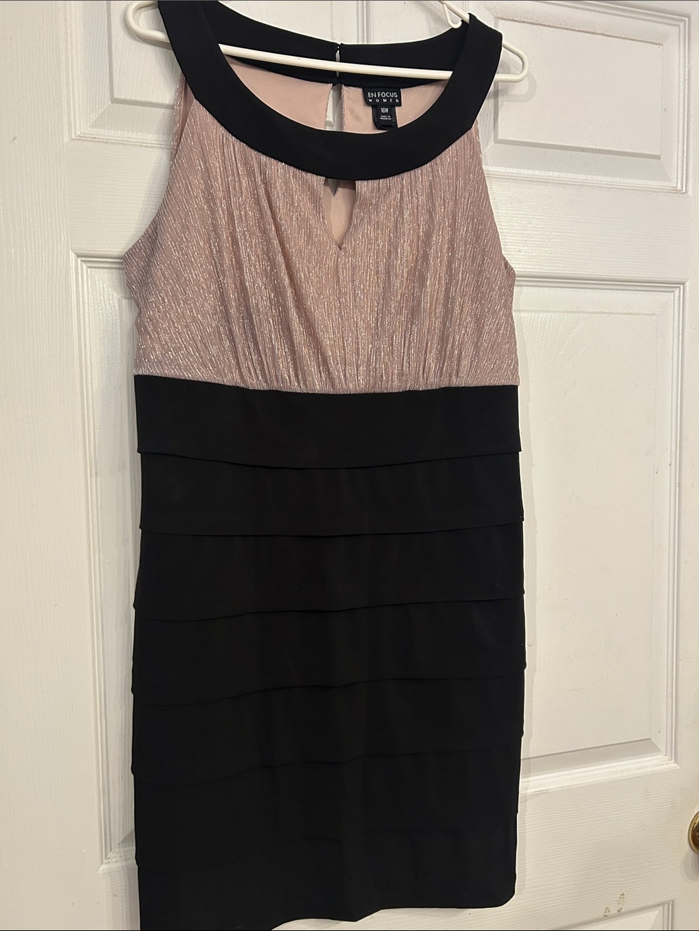 Enfocus Studio Blush Pink and Black Tiered Cocktail Dress